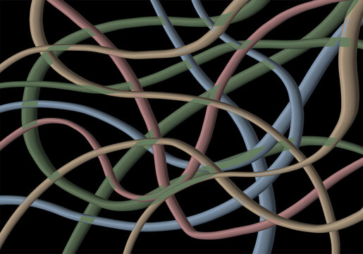 Abstract tangled colorful cables or tubes on black background representing chaotic network connection and modern technology concept