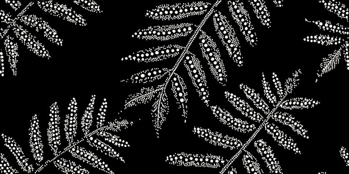 Stylized fern leaves create a repeating black and white pattern