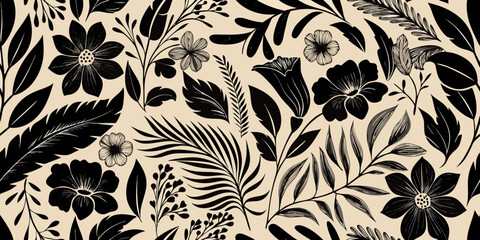 Elegant floral pattern with dark botanical silhouettes on a beige background © Tapan