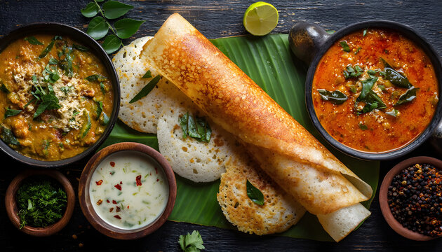 Top-down view Group of South Indian food like Masala Dosa, Uttapam,