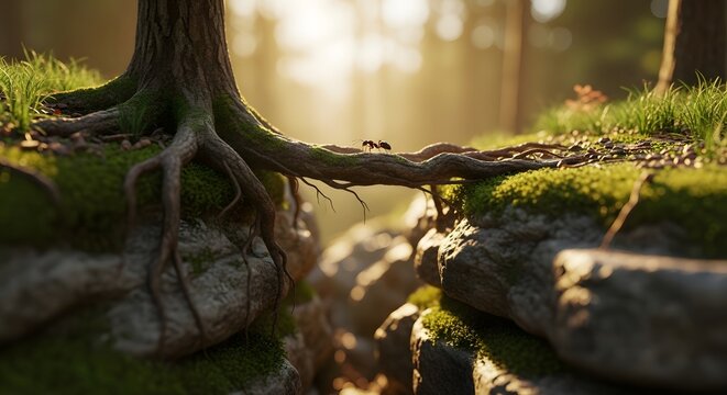 Miniature forest landscape with tree root bridge over rocks.