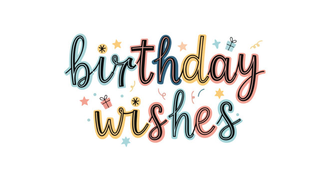 Charming colorful 'Birthday Wishes' typography art with festive decorations and playful confetti elements