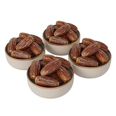 Obraz premium Four white bowls filled with brown dates in natural lighting for food and nutrition