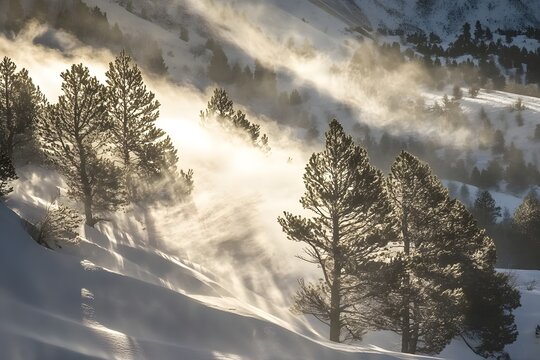 Windy mountain scene with snow blowing off the trees.