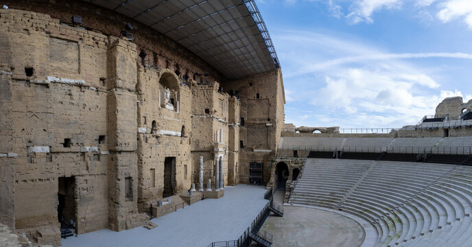 Roman Theatre of Orange interior, stage wall and curved seating panorama