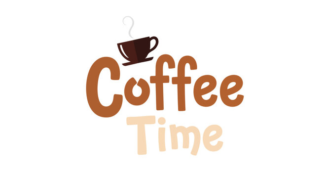A delightful brown and cream coffee time illustration featuring a steaming cup above playful typography, perfect for cafe branding or morning break