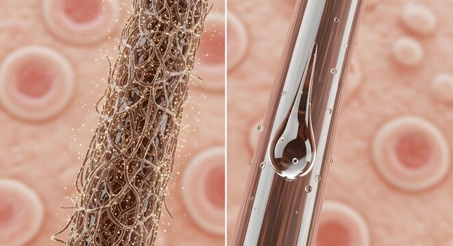 Microscopic view comparing damaged hair fiber structure with a restored and hydrated hair strand