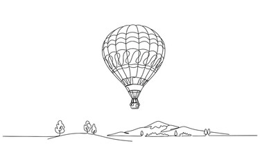Hot air balloons over landscape one continuous line drawing.