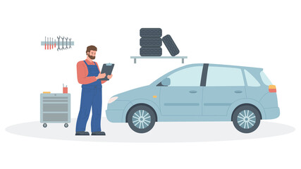 A mechanic with a clipboard stands next to a car in a car service. Auto diagnostics. Flat Illustration on a transparent background © tiena
