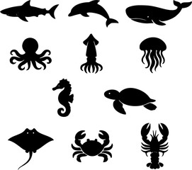 Fototapeta premium sea animals silhouette icon set flat vector marine collection