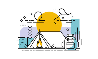 Naklejka premium Minimalist Camping Scene with Tent and Campfire Illustration