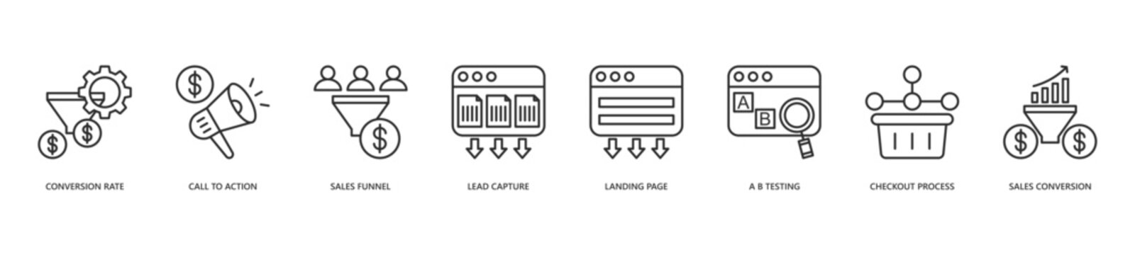 Conversion Rate Icon Set. Icon set includes Conversion Rate, Call To Action, Sales Funnel, Lead Capture, Landing Page, A B Testing, Checkout Process, Sales. Conversion