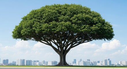 Obraz premium The Urban Sentinel: A Grand Spreading Tree Before a Modern Cityscape