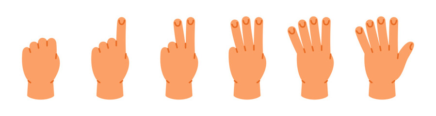 Obraz premium Cartoon hand signs from 0 to 5. Minimalist finger gestures for kids counting and math learning