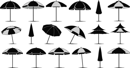 Beach umbrella silhouettes collection with various parasol shapes summer sunshade outdoor seaside vacation accessories isolated vector illustration set © Hello there