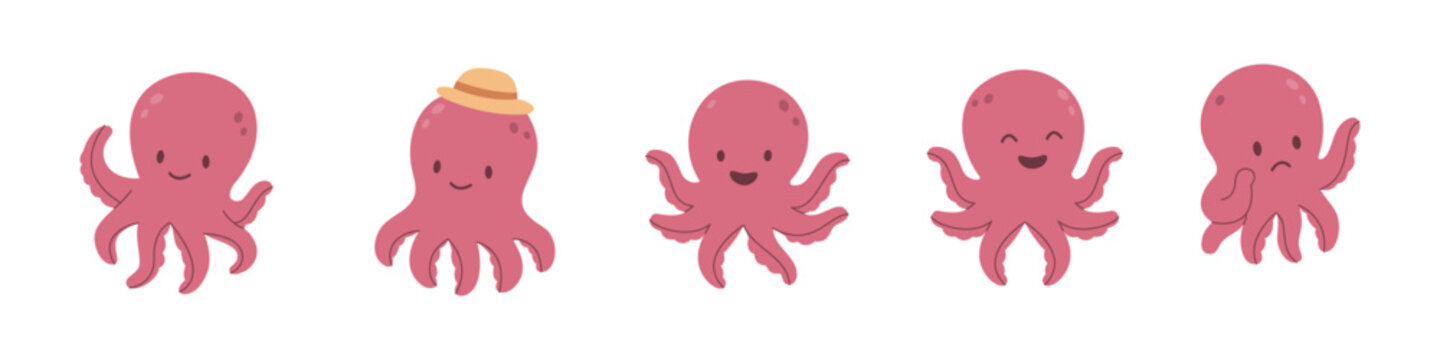 Cartoon octopus set. Flat vector characters with hat, smile, raised arms, and expressive faces. Kids marine illustration pack.