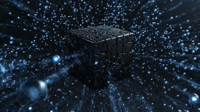 Abstract cube with blue lightning and energy in dark space.
