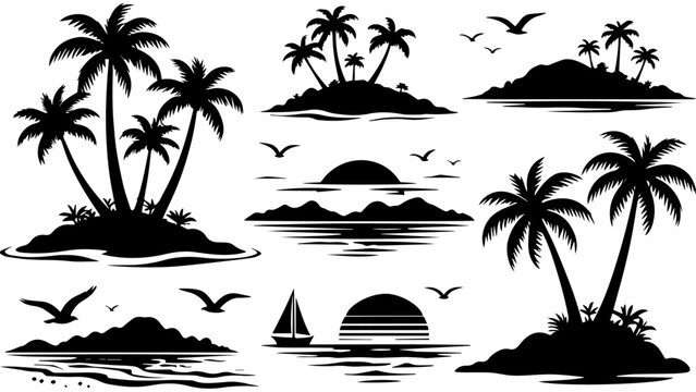 Set of 10 tropical island silhouettes vector with palm trees, ocean waves, sailboat, birds, and sunset scenes in black on white background