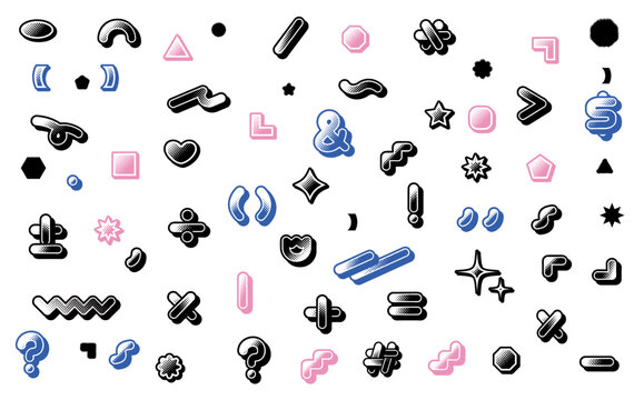 Abstract geometric shapes vector set with halftone texture and pastel accents, retro Y2K style design elements for web, poster and graphic design