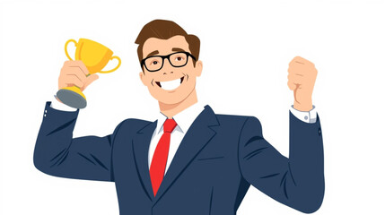 A cheerful businessman in a navy blue suit and red tie, wearing glasses, celebrating a victory by holding a golden trophy and clenching his fist. This flat-style vector illustration represents success