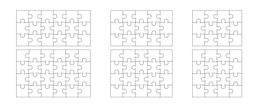 Jigsaw puzzle piece templates in different grid layouts, outlines in various configurations. Vector puzzles set with different sizes. Blank patterns for games, projects. 15, 18, 20, 21, 24, 28 pieces