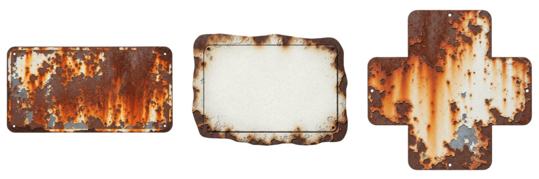 Set of rusty metal signs and plates with weathered texture, vintage corroded steel frames isolated on white background.