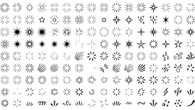 Set of 100 black decorative sunburst, starburst and radial light rays icons collection in flat vector style for logo design, backgrounds, packaging and branding
