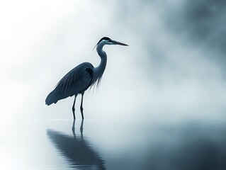 Naklejka premium Elegant great blue heron standing gracefully in shallow water, reflecting its silhouette