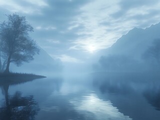 Fototapeta premium Ethereal lake landscape with mountains enveloped in morning mist serenity