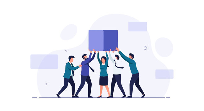 Teamwork, Collaboration, Business People Lifting Cube Together, Unity, Success Concept