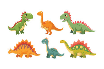 Fototapeta premium A cute and funny set of colorful cartoon dragons in a playful fantasy style with smiling baby dinosaur characters