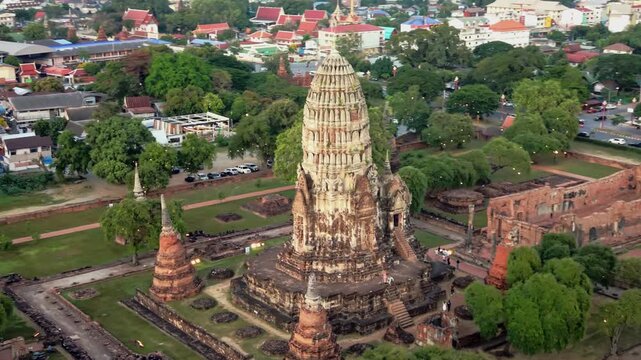 Aerial view of Wat Mahathat in Ayutthaya during sunset, with warm golden light falling over ancient brick temple ruins and historic prangs in Thailand&rsquo;s former royal capital. (2)