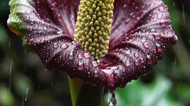Dark purple flower covered in water droplets with falling rain