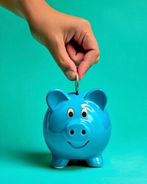 Hand drops a coin into a blue piggy bank, symbolizing savings, budget planning and financial responsibility in soft natural light.