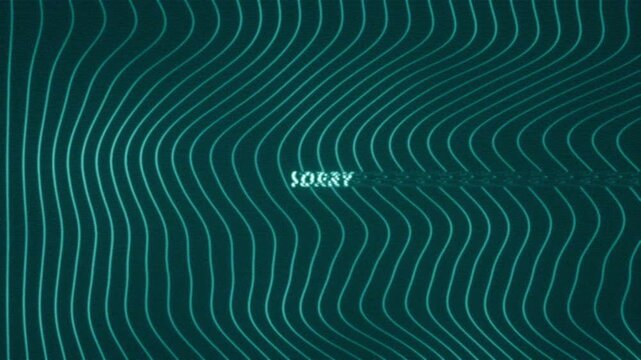 Animated digital apology concept featuring glitching Sorry text over a dark blue background with flowing neon wave lines and subtle screen distortion.