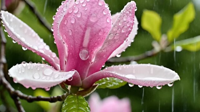 Delicate pink magnolia flower covered with rain droplets