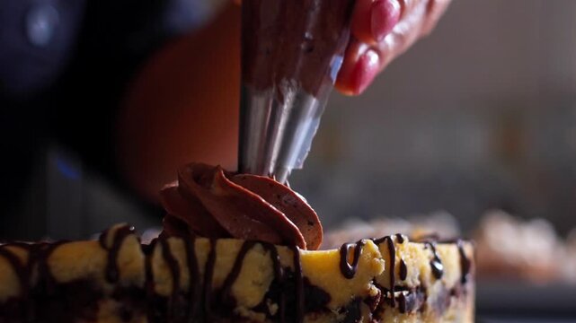 Chocolate cream piped onto a dessert topped with dark drizzle