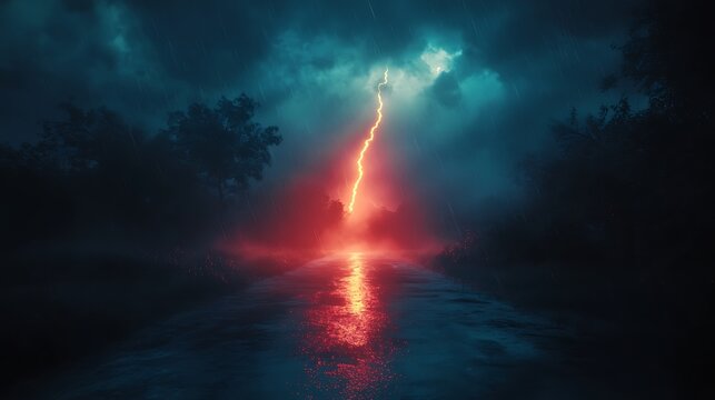 Dramatic lightning strike above dark landscape with water reflection photography