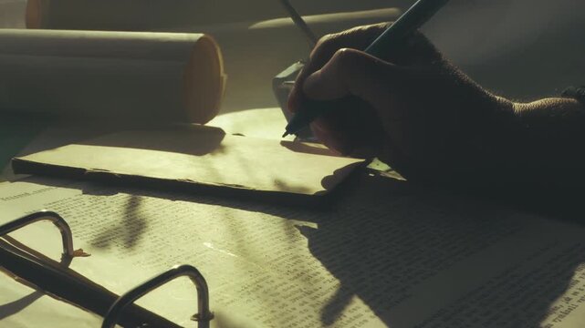 Warm shadowed scene of writer pausing for thought with lit cigarette while composing handwritten letter. Suitable for film scenes, storytelling visuals and writing themes.