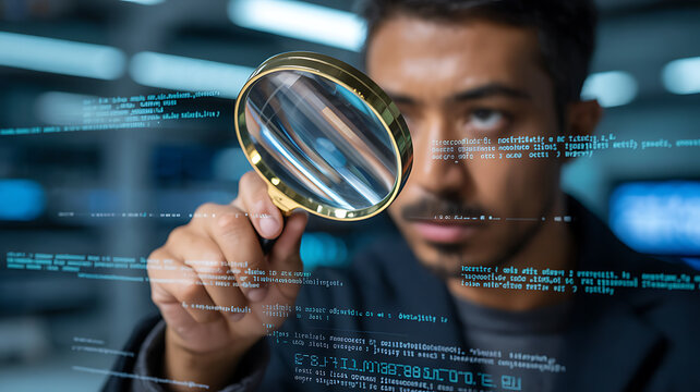 Man examining code with magnifying glass
