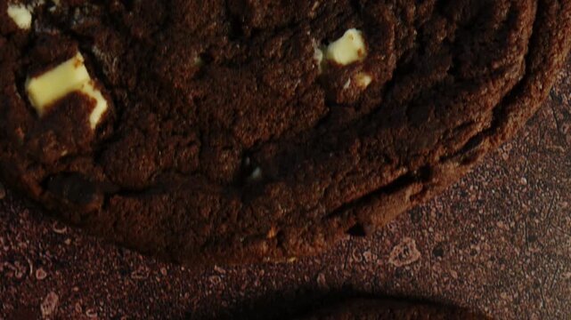 Slow camera movement across a freshly baked chocolate cookie showing rich crumb and melted chocolate chunks. Detailed macro texture ideal for bakery advertising, dessert branding and pastry shop