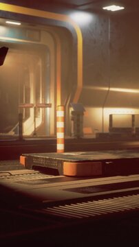 A spacious industrial interior features low lighting with bright accents. Equipment is scattered around, creating a sense of ongoing construction activity.