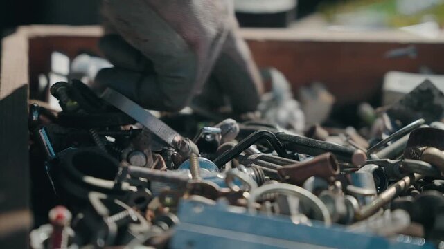 Gloved hand picking metal screws bolts and mechanical parts from hardware box outdoors