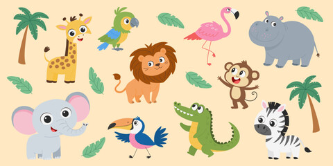 Obraz premium Cute Jungle Animals Vector Set. Cartoon Safari Wildlife Characters Collection with Lion, Elephant, Giraffe, Zebra, Monkey, Crocodile, Flamingo, Parrot and Toucan. Funny Exotic Animals.