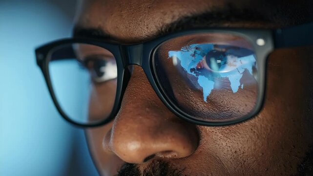 Close up of black man wearing glasses with world map reflection representing global connectivity and technology