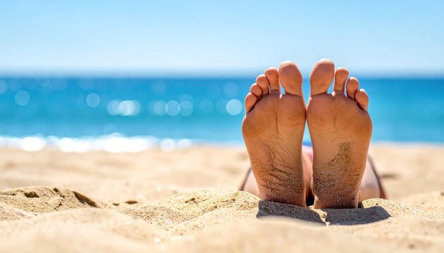 Relaxed Feet on Sandy Beach with Blue Ocean Background.
