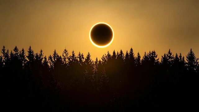 Total solar eclipse with a bright golden ring of light appearing over a dark pine forest silhouette at sunset