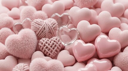 Obraz premium Soft romantic background with pastel pink hearts made of plush, yarn, glass and glossy ceramic textures arranged as cozy love concept backdrop for Valentine greeting design