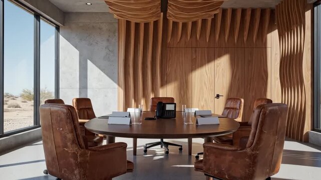 Modern Conference Room With Round Table and Leather Chairs, Desert View Through Large Windows