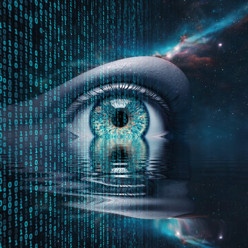 Visual representation of a human eye surrounded by digital elements and cosmic features at night